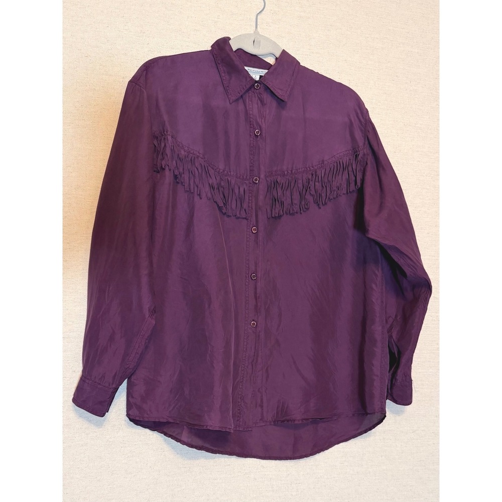 One Resource Vintage Purple 100% Silk Fringe Western Blouse Small Long Sleeve